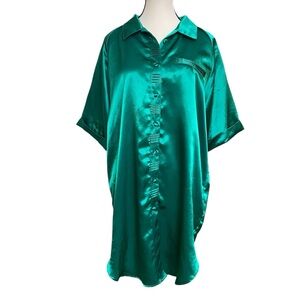 Emerald Green Satin Pajama‎ Button-Down Night Shirt Sz. L